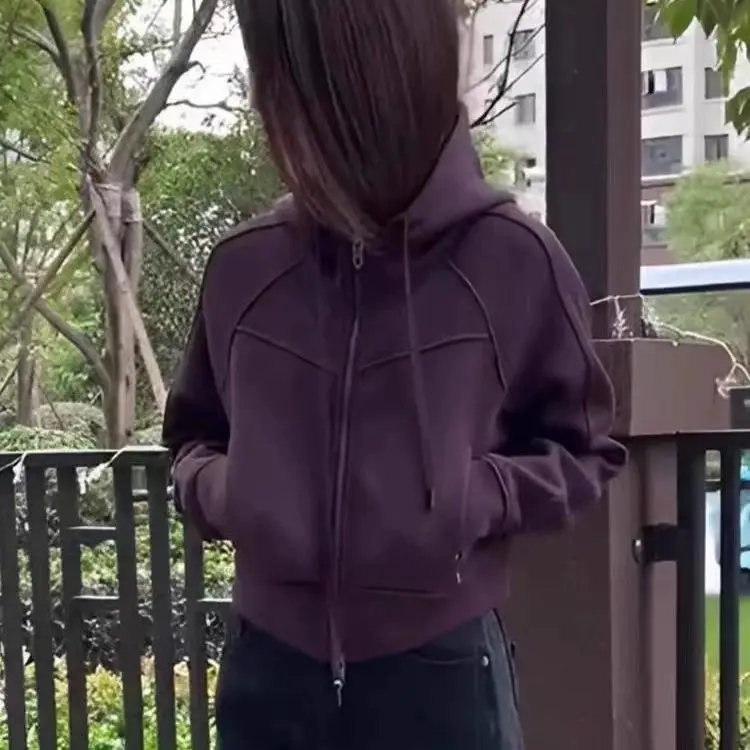 

Purple Hooded Zipper Loose Casual Sportswear Women's Spring And Autumn Short Zipper Jacket