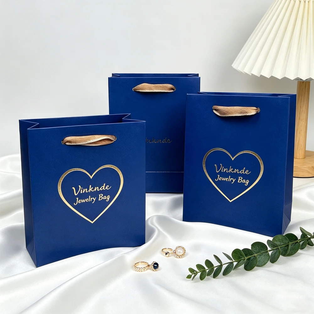 100 Uds. Bolsas de regalo azul marino con asas, 12x5,7x16cm, bolsas de papel Kraft para embalaje de joyería, bolsa para compras de cumpleaños, bodas y negocios