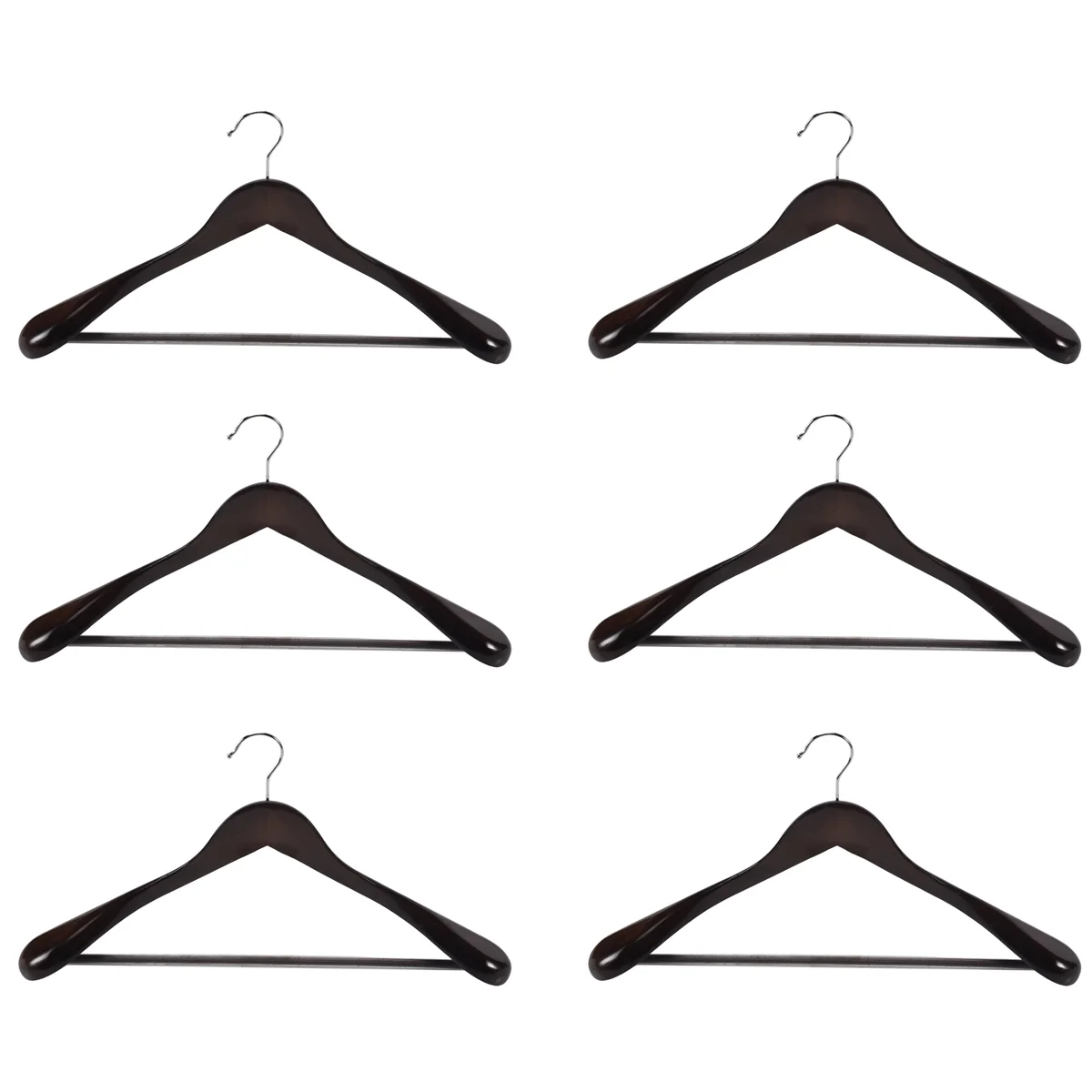 

Wide Shoulder Wooden Hangers 6 Pack with Non Slip Pants Bar - Smooth Finish Solid Wood Suit Hanger Coat Hanger