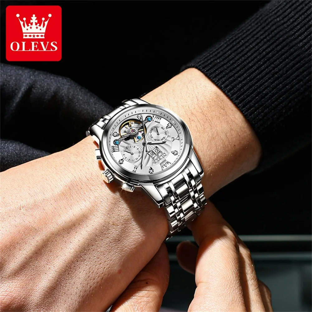 OLEVS-reloj con calendario multifuncional para hombre, accesorio masculino, resistente al agua, luminoso, automático, volante de inercia, mecánico,