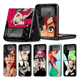 Funda For Samsung Galaxy Z Flip 3 4 5 5G Flip3 Flip4 Flip5 Case Black PC Hard Luxury Back TPU Phone Cover Tattoo Disney Princess