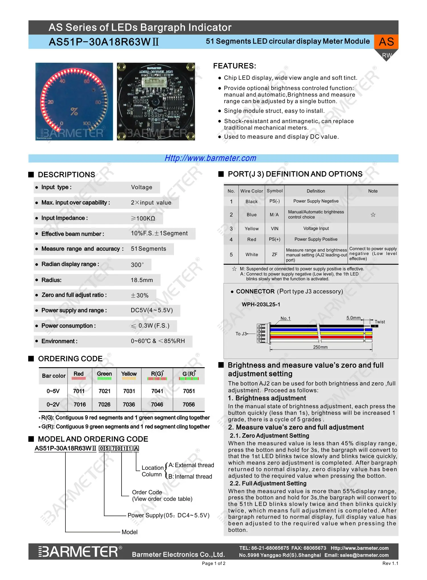 51seg LED circular tachometer  indicator, automatic dimming 300 degrees, DC5V power supply, 0-5V input signal, Red (057011B)