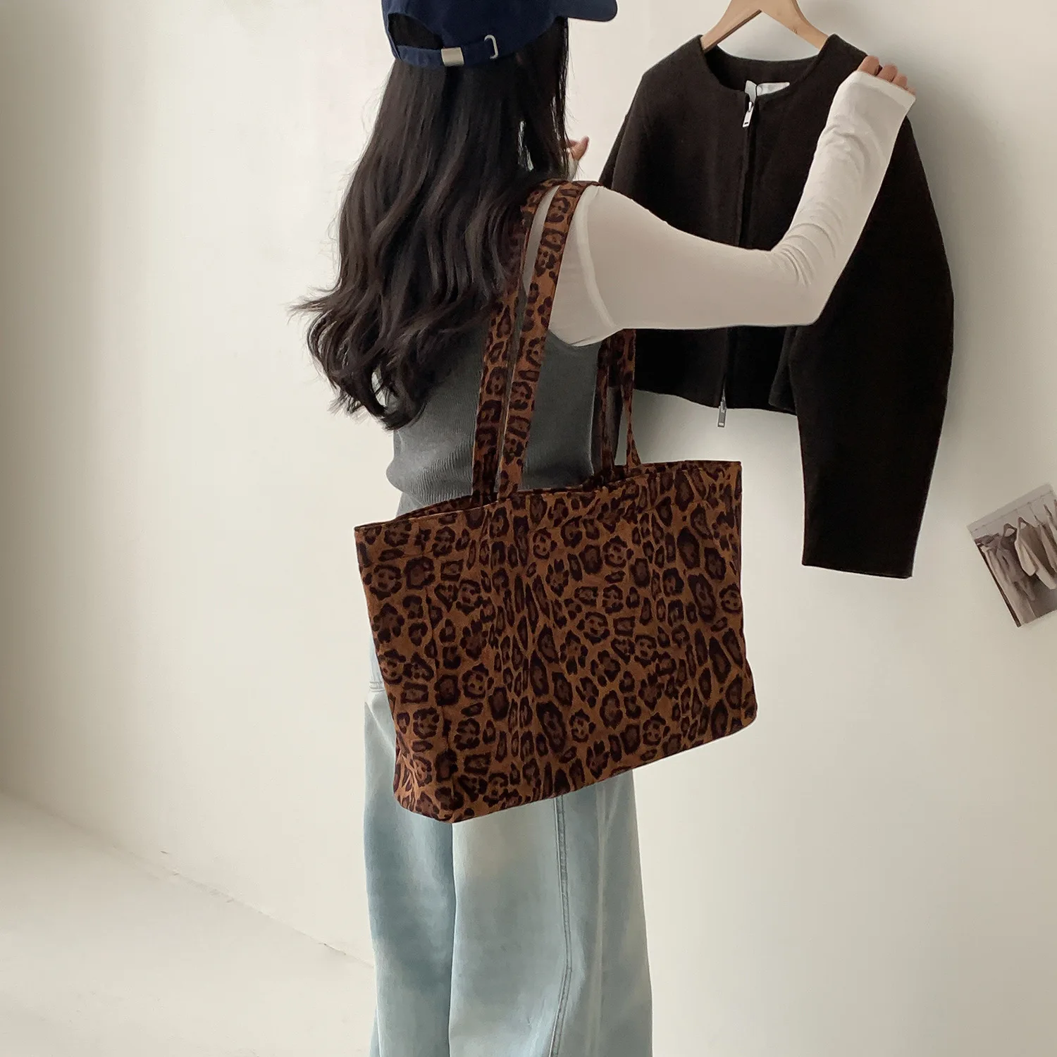 

Корейские винтажные леопардовые сумки на плечо, большие вместительные холщовые женские сумки-тоут, осенние дорожные сумки для поездок на работу