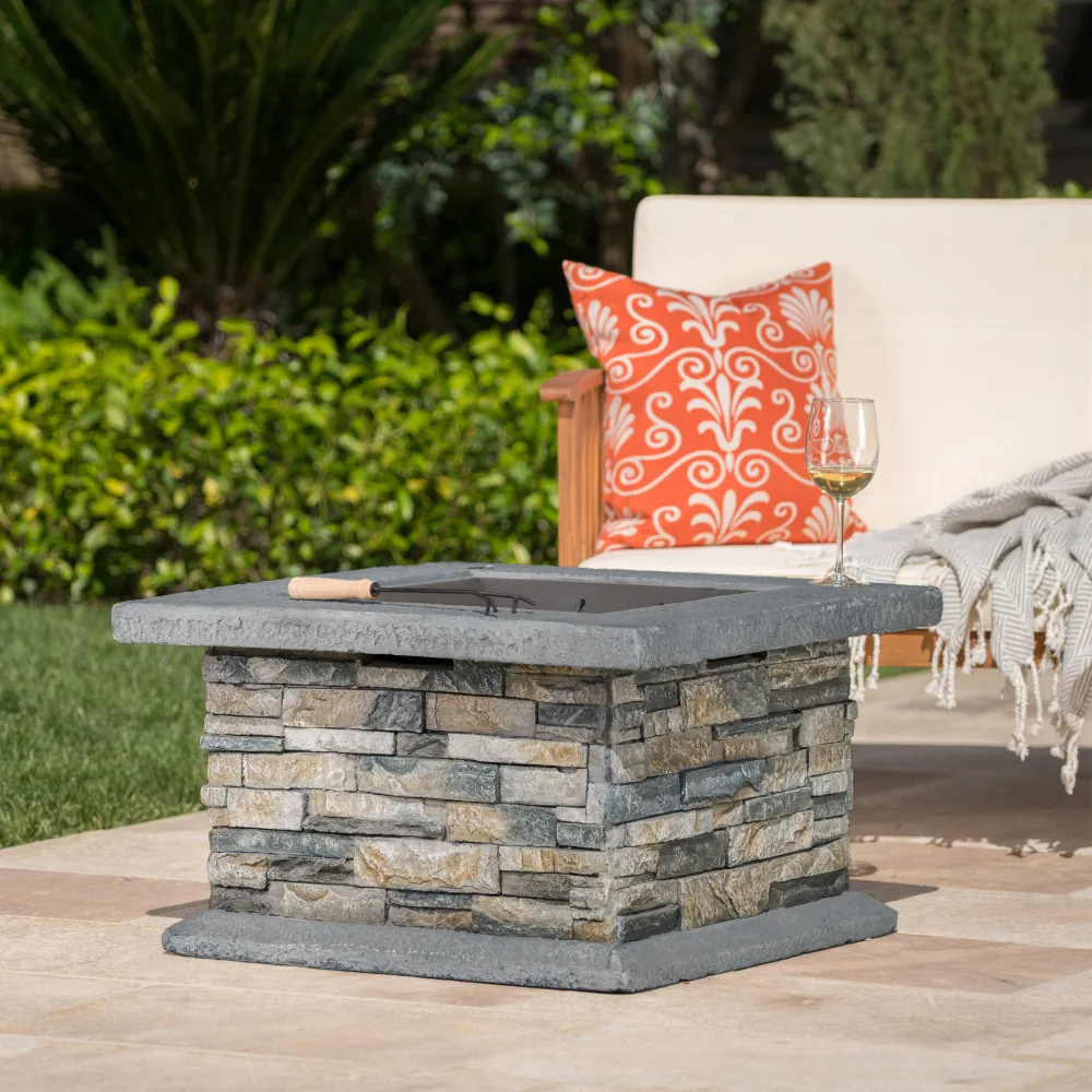 29x29 Inch Square MGO Fire Pit Fiberglass Reinforced Cement Outdoor Fire Table with Iron Shield for Patio Backyard Entertaining