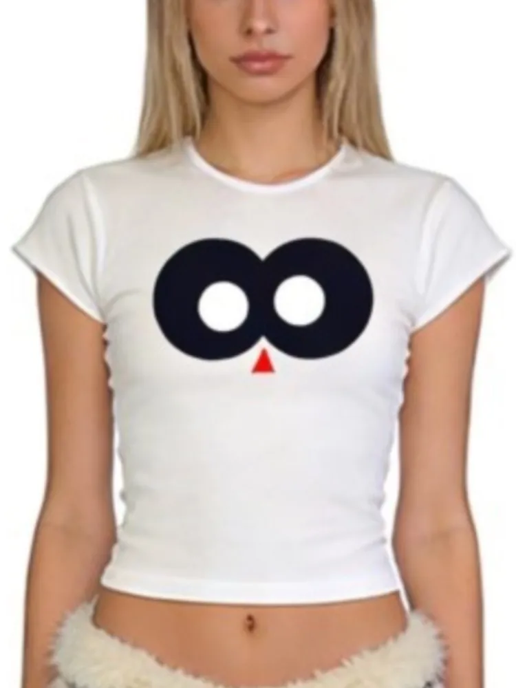 Funny Owl Eyes Graphic T-Shirt Women Retro Casual Short Sleeve Crew Neck Tee Slim Fit Trendy Y2K Animal Print Top For Teen Girls