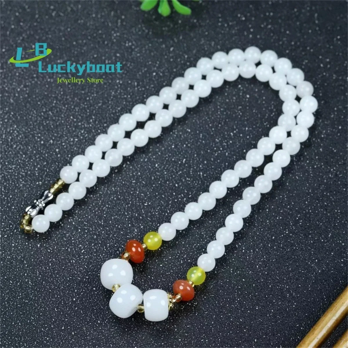 Natural Xinjiang White Jade Gold Silk Three Lives and Three Lives Necklace Women's Jade Sheep Fat Round Beaded Collar Chain