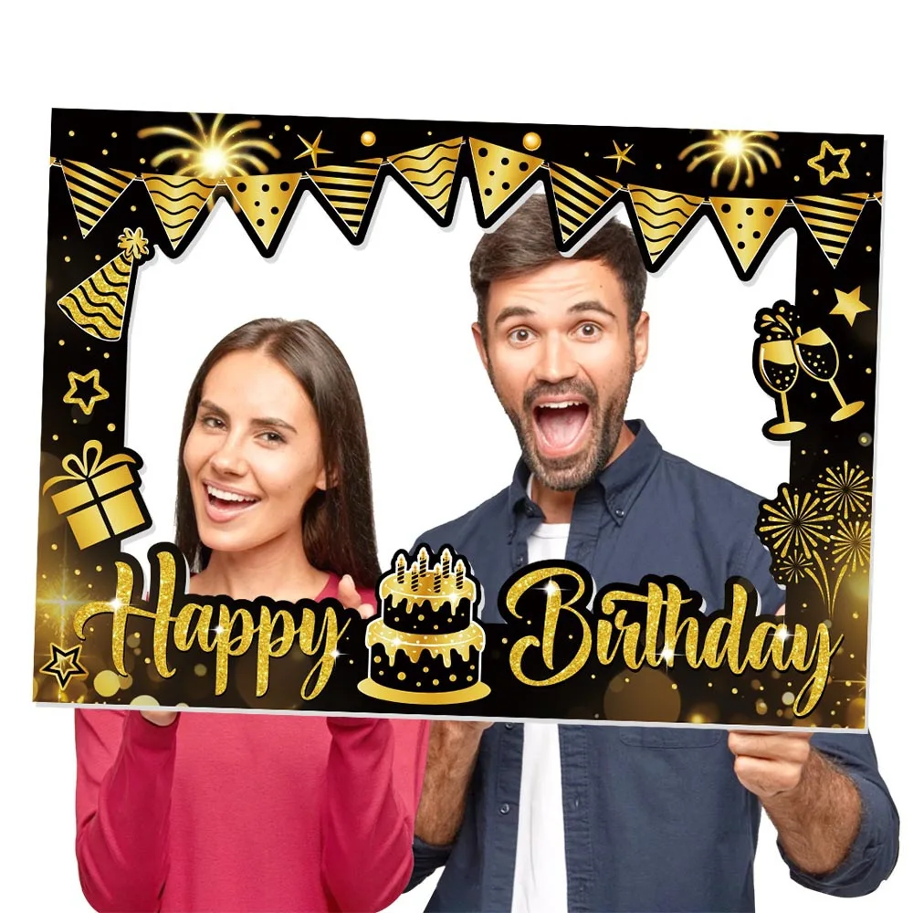 1 Piece Happy Birthday Photo Booth Photo Frame Props, Black and Gold Selfie Photo Frame, Birthday Party Supplies