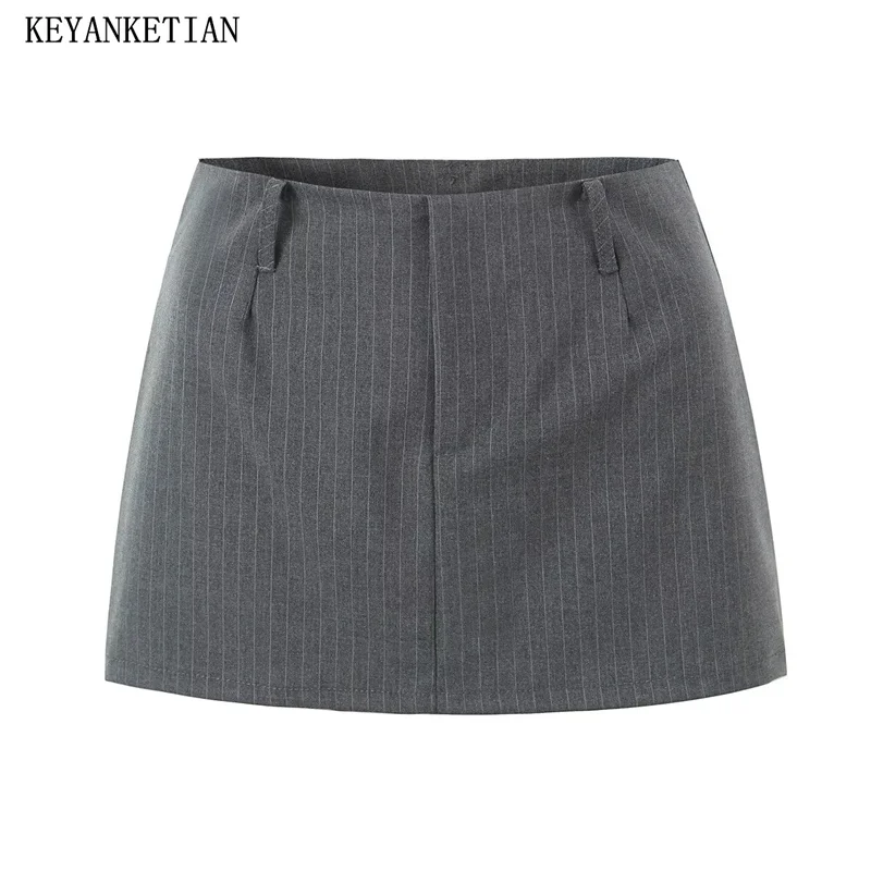 KEYANKETIAN 2024 New Launch Women's Zipper Low waist Striped Mini Skirt Korean Stylish Simply Slim Suit Skirt A-line Pantskirt