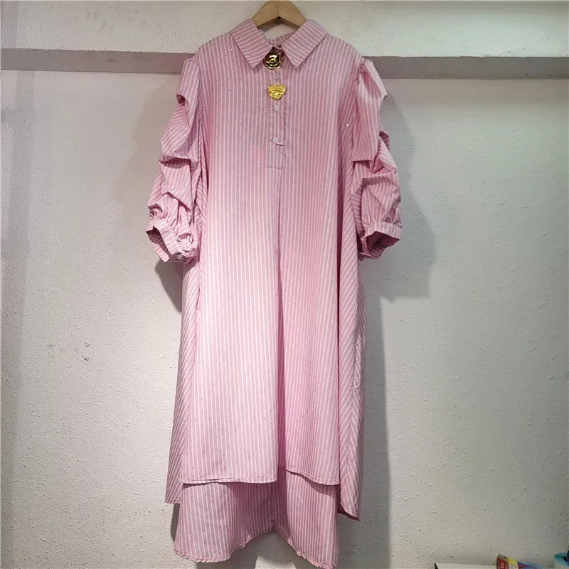 Dress Women Mid Length Dresses Turn Down Collar A Line Vestidos Puff Sleeve Striped Elegant Y2k Streetwear Work Casual 2026