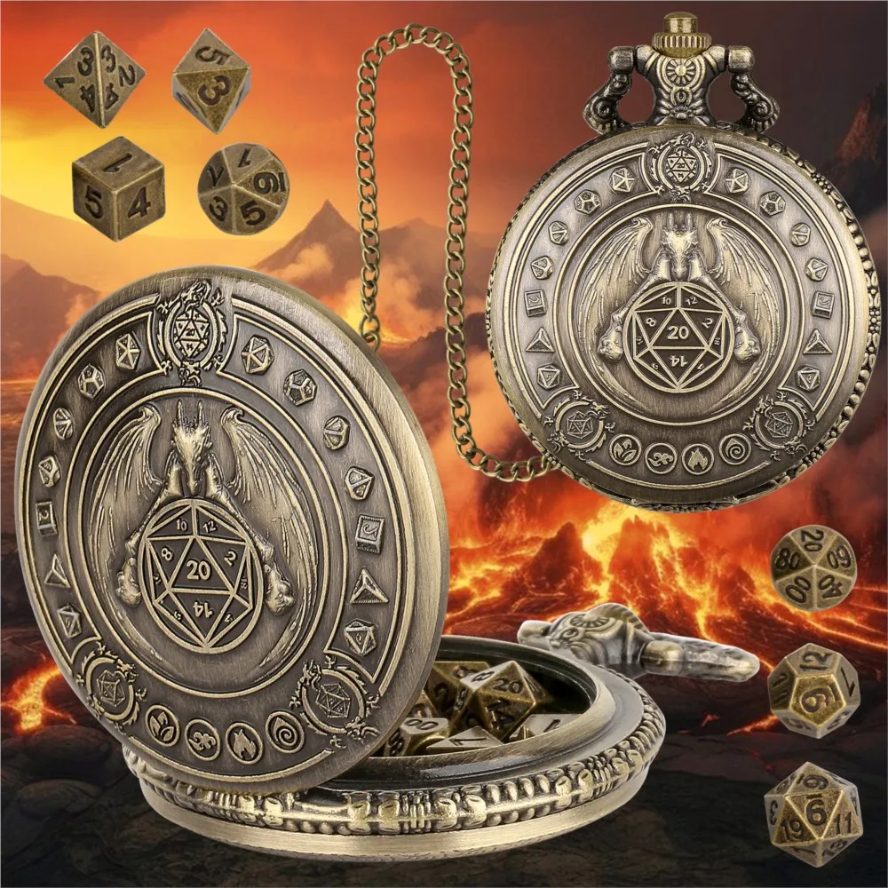 DND game dice dragon holding dice box pocket watch box RPG player retro flying dragon pocket watch box waist chain