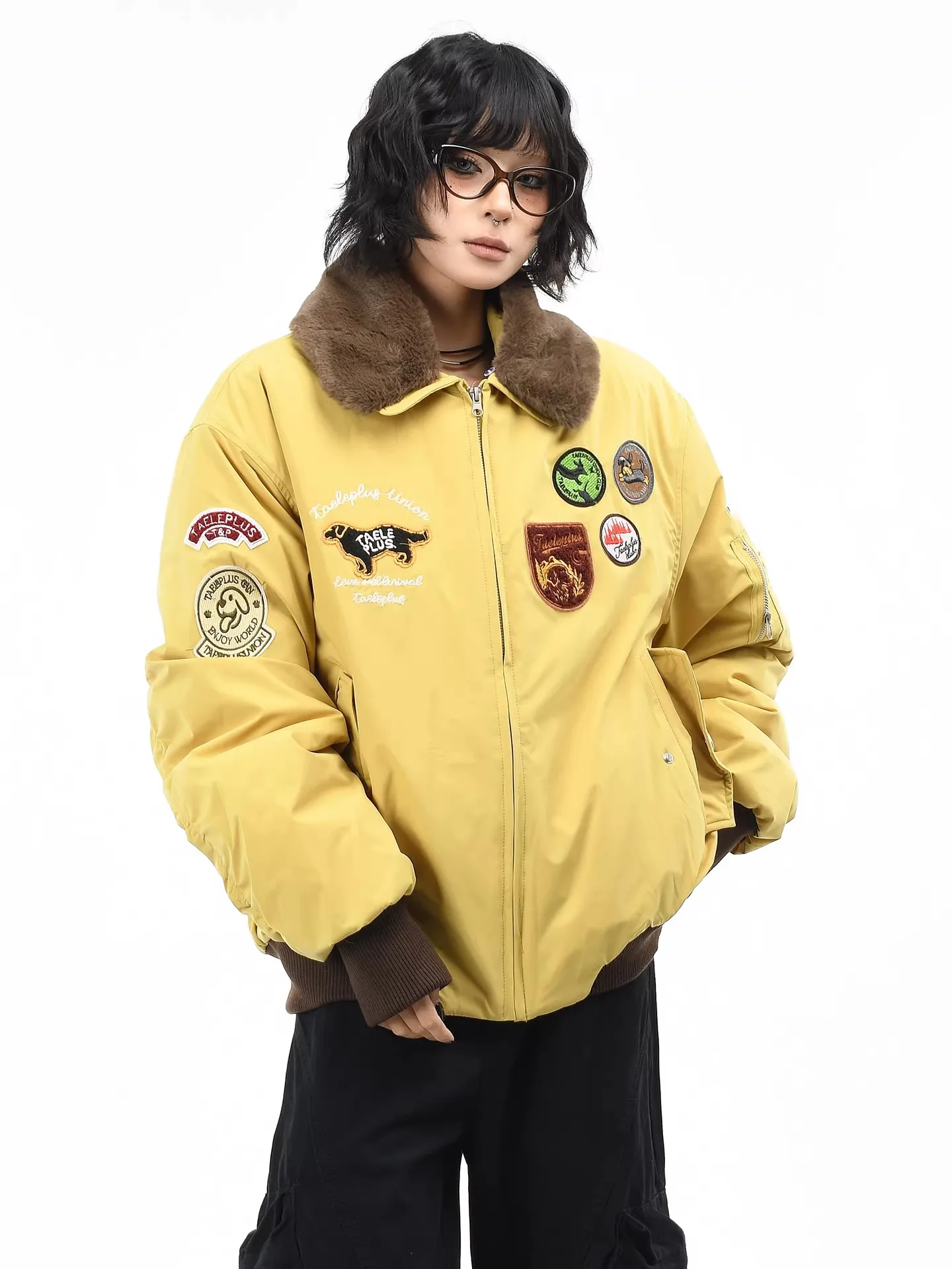 

OV Original American Retro Embroidered Pilot Cotton Jaet Loose Fit Fur Collar ex Winter Workwear Cotton Outerwear