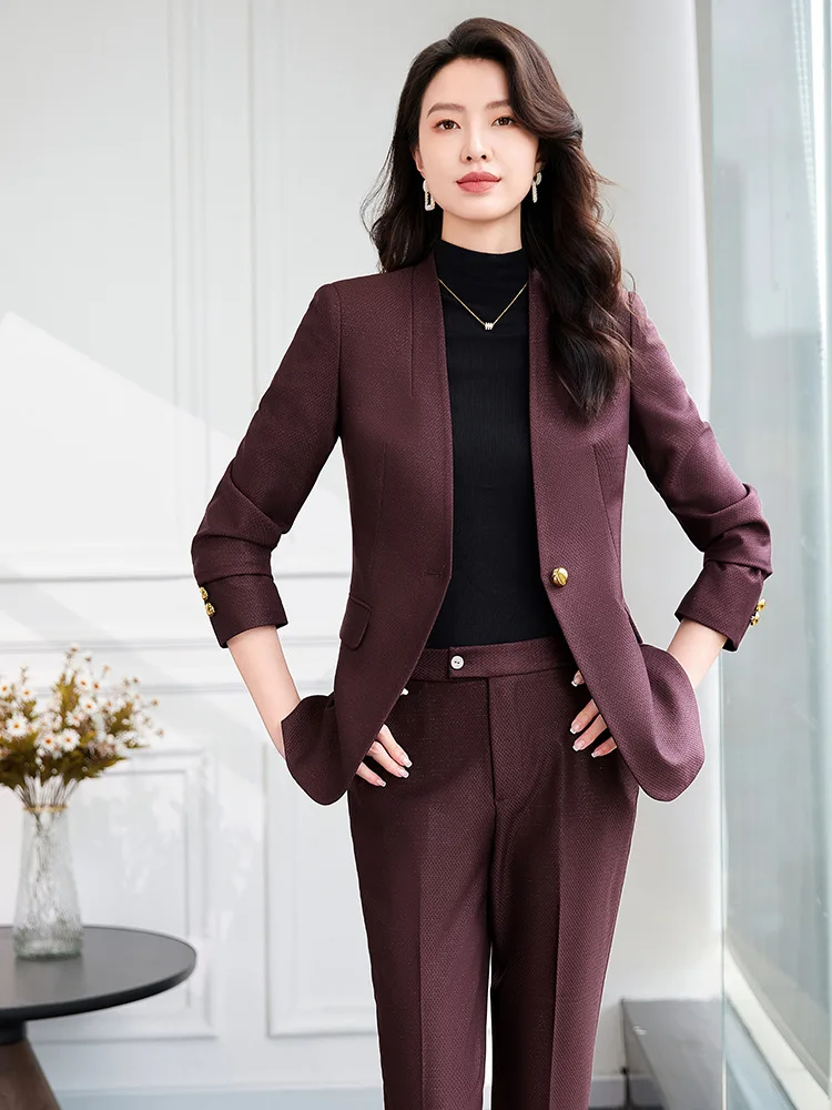 Ensemble Deux Pièces pour Femme, Couleur Unie, Tenue de Bureau Décontractée, Col en V, Blazer à Bouton Unique, Pantalon Crayon, 2024