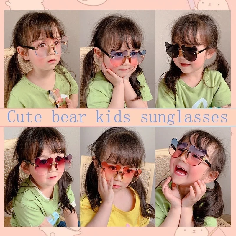 Rimless Bear Kids Sunglasses for Boys and Girls, Summer Sun Shade Netflix INS Style Accessories Photography