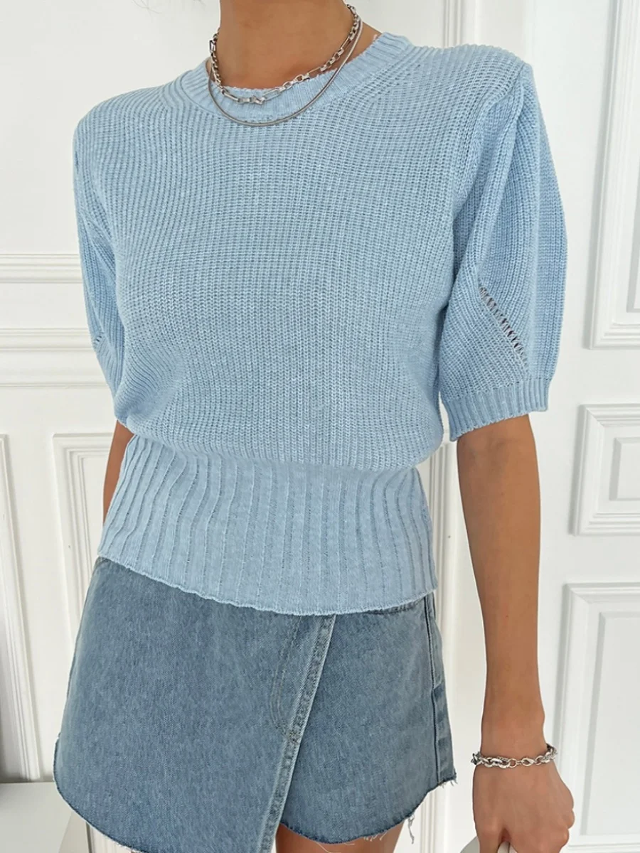 Chique verão anti-envelhecimento retrô redondo Ne Bubble Sve Top de malha de seda gelada feminino ort Sve tubo reto commute Sle Swe...