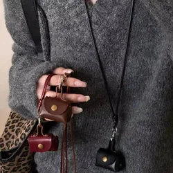 Mini and Compact Leather Hanging Neck Coin Purse Necklace Niche Design Headphone Bag Long Sweater Chain Accessory Women Men