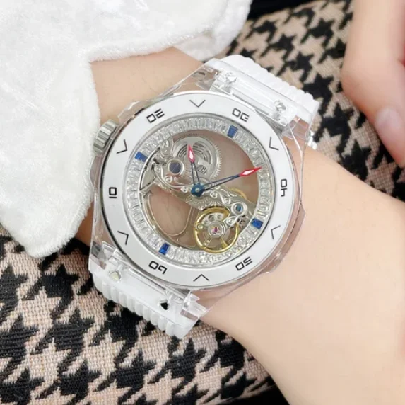 HANBORO Women Automatic Watch 41.5mm Ladies Mechanical Wristwatch Waterproof Transparent Acrylic Case Skeleton Dial