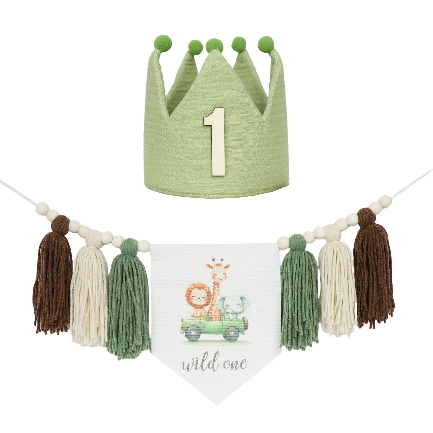 INS 1 قطعة أطفال سفاري الحيوان عيد ميلاد كرسي مرتفع جارلاند بوهو حبة خشبية شرابة الغابات 1st حفلة الأسد الأخضر راية