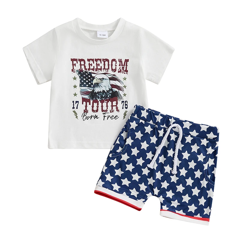 Toddler Boy 4th of July Outfit Letter Eagle Print Short Sleeve T-Shirt with Star Pattern Shorts for Independence Day