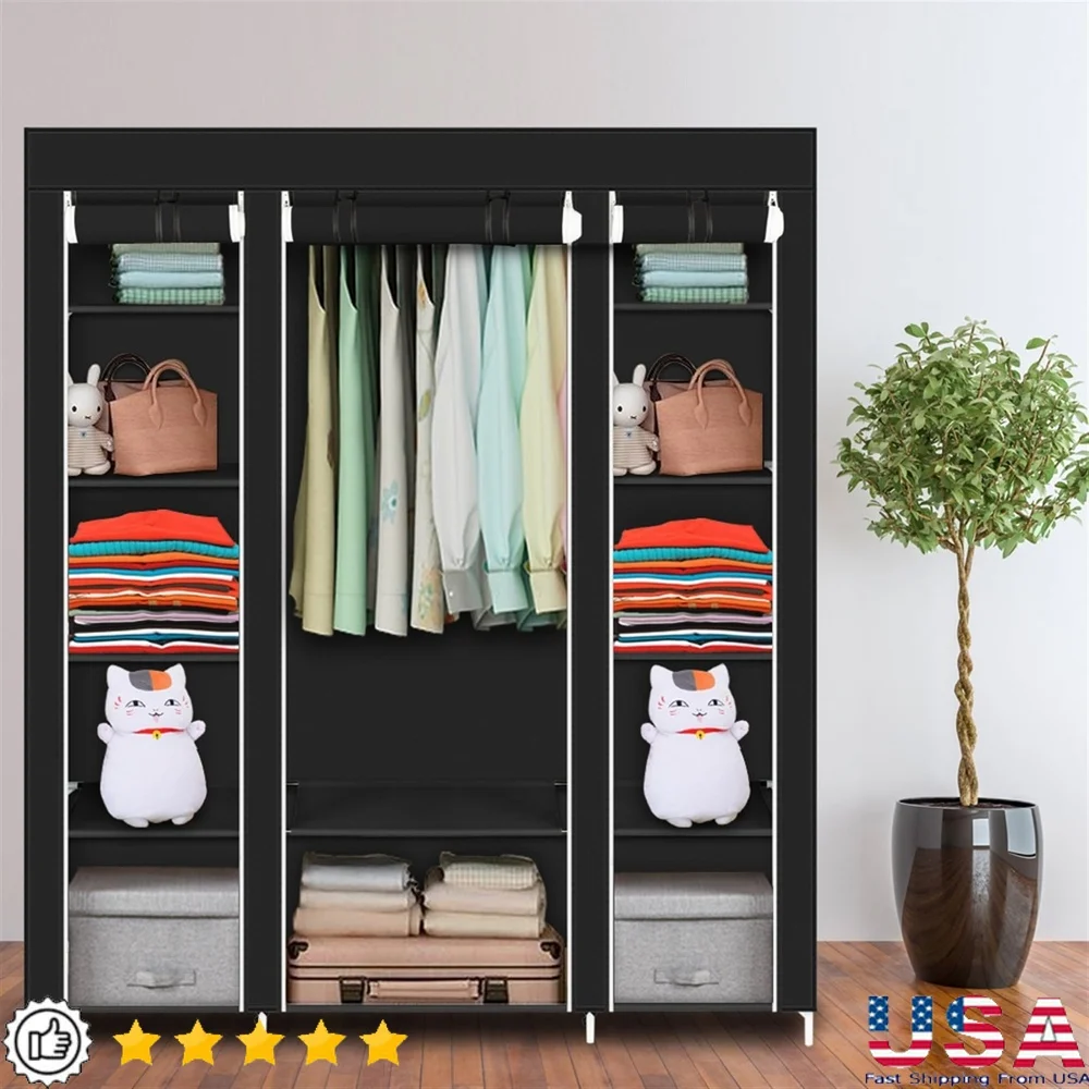 

69 Inch Portable Clothes Closet Organizer Non-Woven Fabric Durable Storage Solution with Movable Rod 12 Shelves Easy Assembly