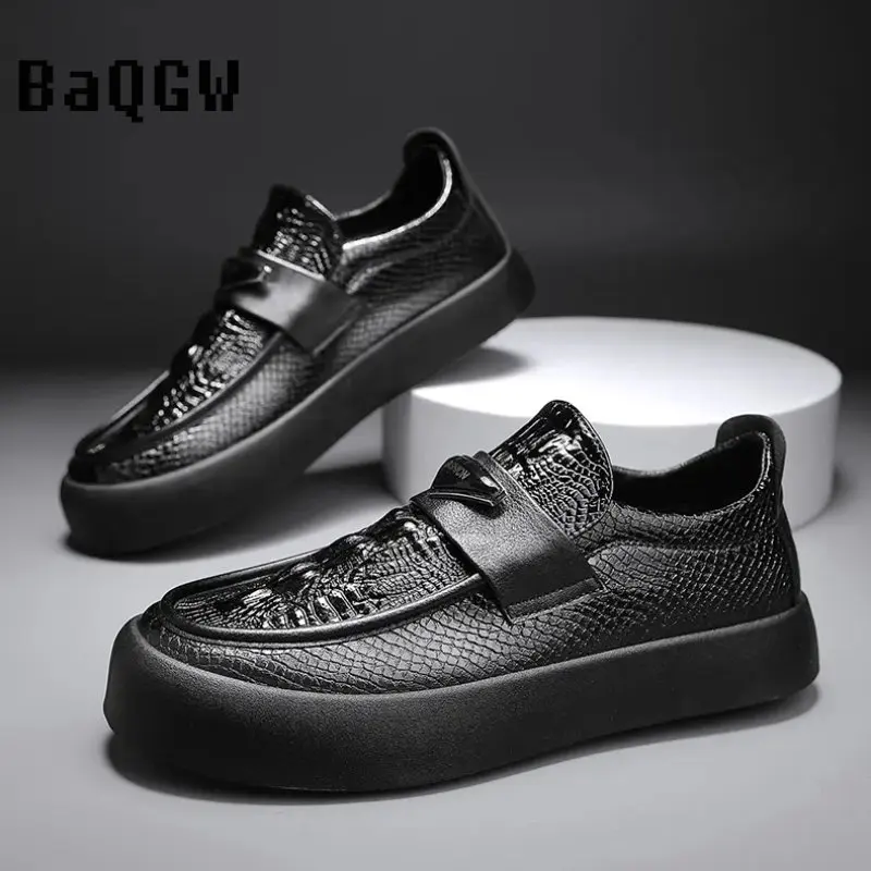 British Style Mens Fashion Leather Casual Shoes Spring Autumn Outdoor Office Slip-On Luxury Loafers Flat Skate Shoes Comfortable