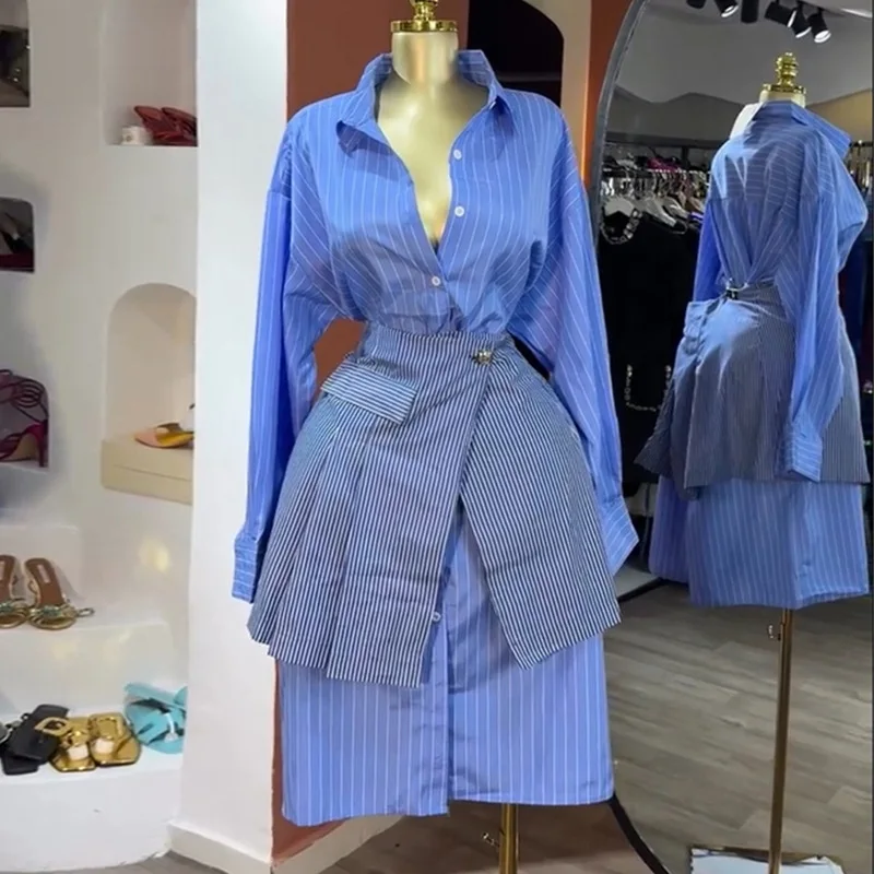 

2 Pieces Set Dress Sets Woman Spring Striped Long Sleeve Shirt Dress + Waistband Holiday Outfits Women Fashion New