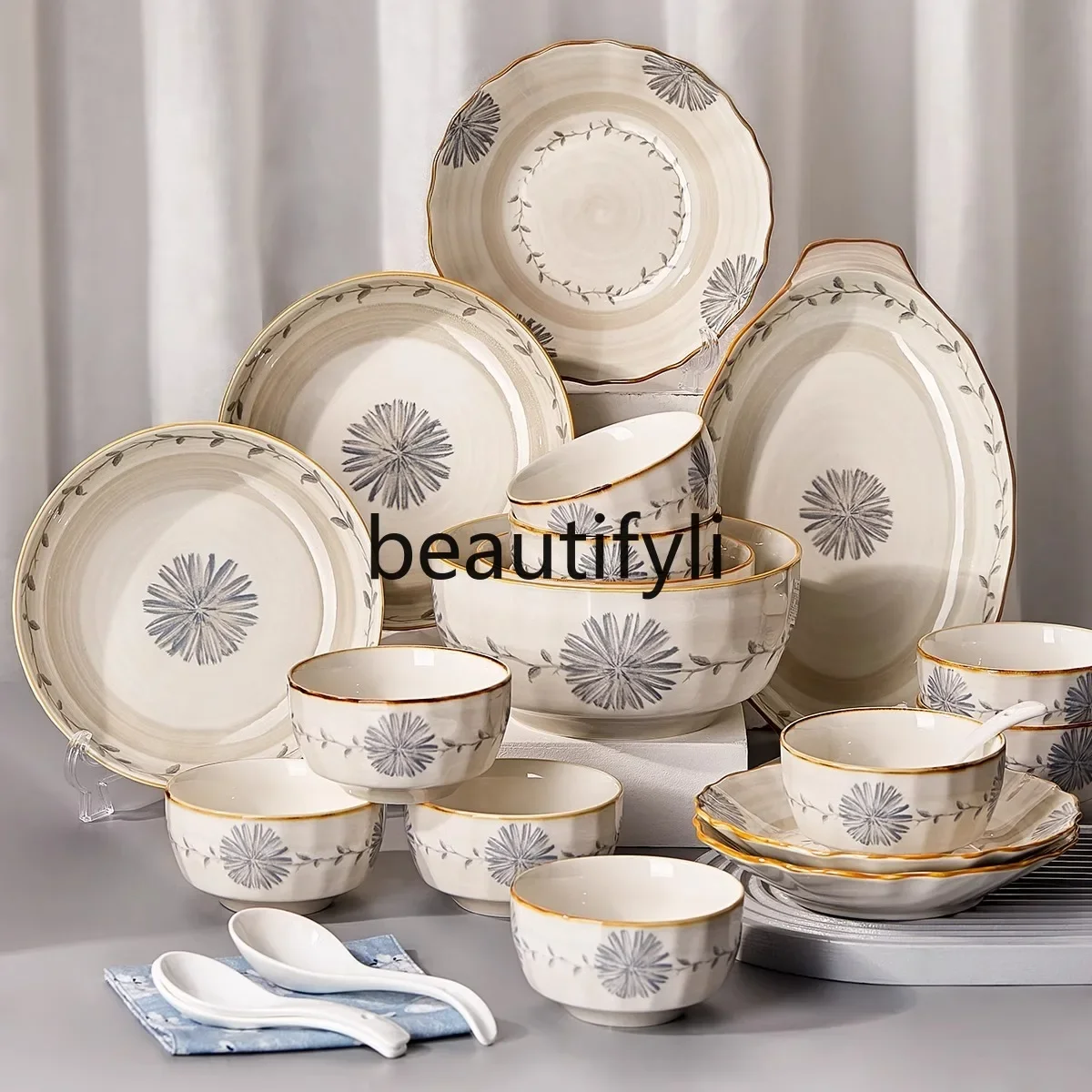 Chinese dishes set, household bowls, plates, tableware, Japanese underglaze color housewarming, gift bowls, ceramic tableware