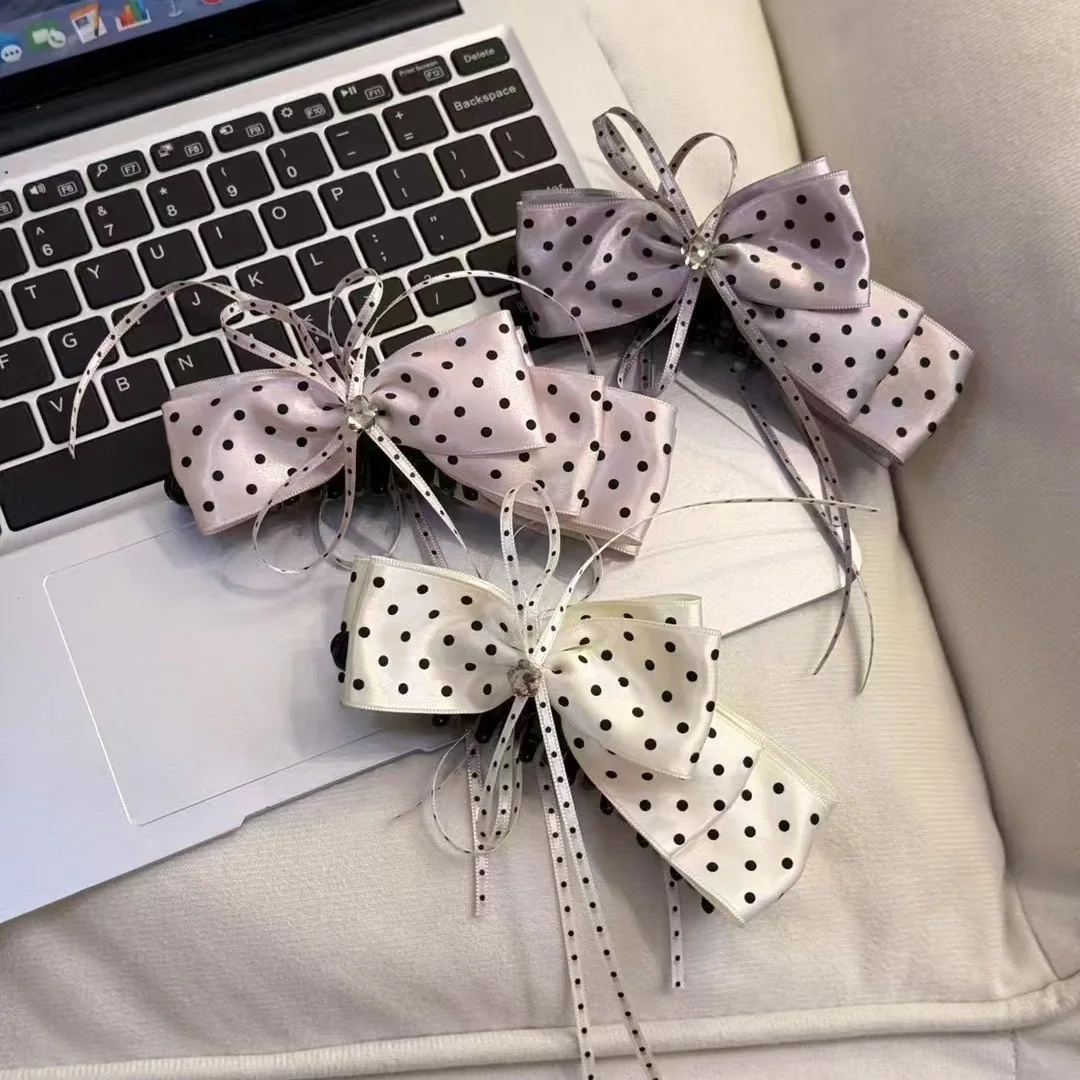 

Sweet Dream & Smart ~ Miu-style Rich Girl Pink Polka-dot Bow Banana Clip, Atmospheric Hair Clip, Luxury Hair Accessory for Women