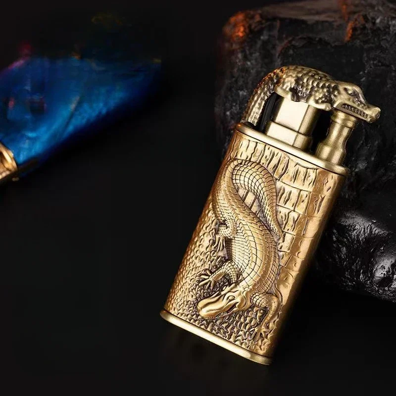 2023 3D Relief Dragon Crocodile Double Fire Lighter Metal Windproof Jet Fire Open Fire Conversion Gas Lighter Smoking Men\'s Gift