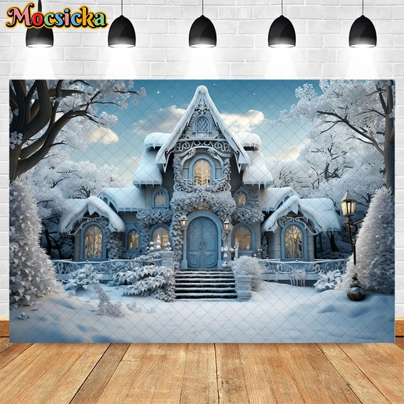 Mocsicka Winter Christmas Background Photography Castle House Snow Xmas Tree Kid Family Portrait Decor Backdrop Photo Studio