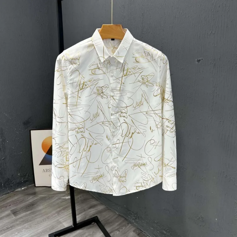 جديد الخريف الكورية نمط الأزياء ملابس منقوشة بكم طويل الرجال عارضة قميص زر على الموضة الربط تنوعا أعلى #1