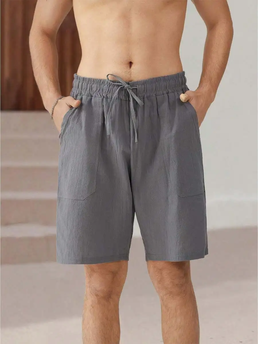 

Mens Linen Drawstring Elastic Waist Loose Beach Shorts Solid Color