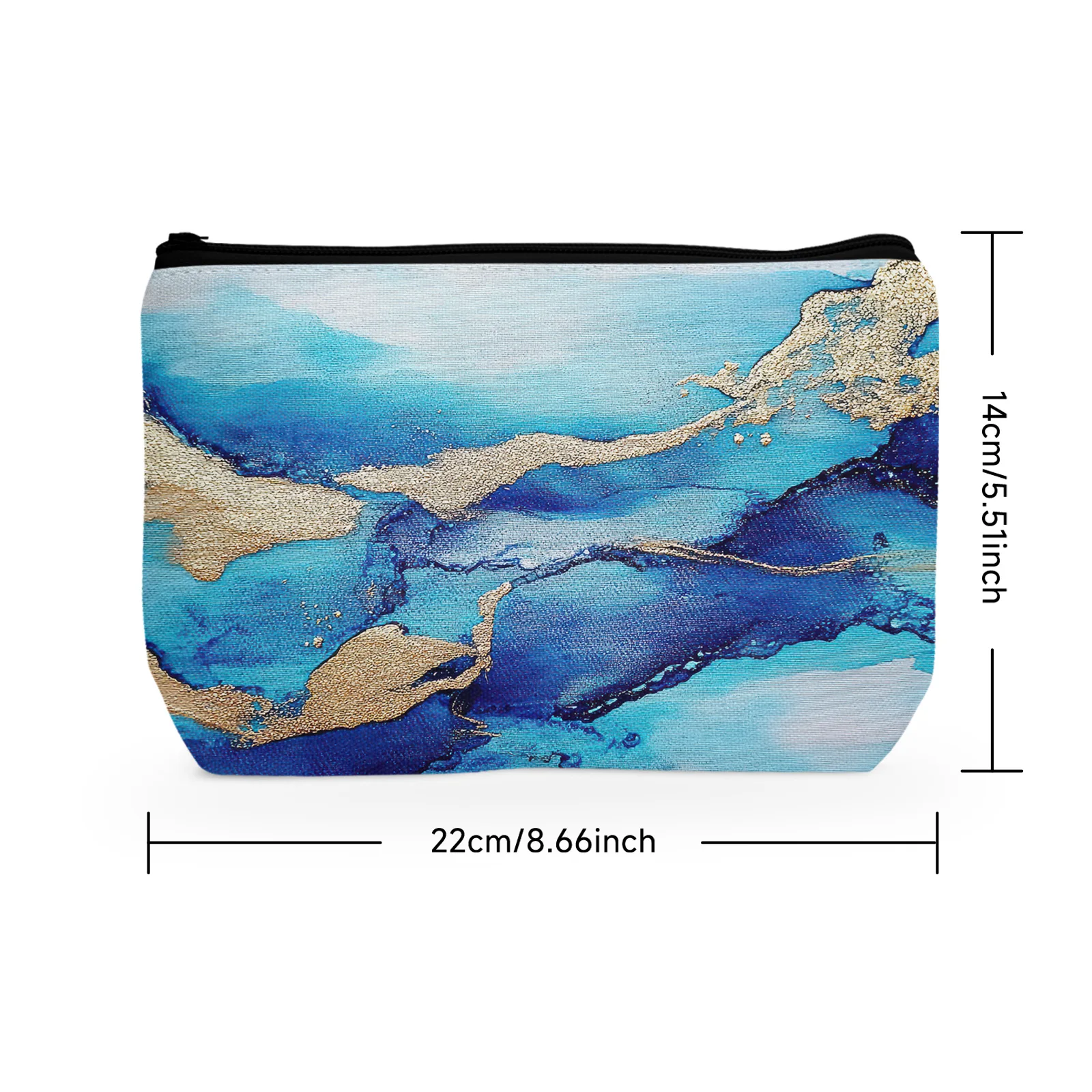 1Pc Blue Marble Pattern Makeup Bags Special Blue Gold Texture Fashionable Creative Cosmetic Bag With Zipper