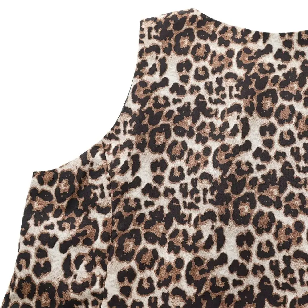 Chaleco de leopardo elegante a la moda, Tops sin mangas con cuello en V y botones frontales, chaqueta corta de verano con dobladillo en forma de V doble de un solo pecho para mujer