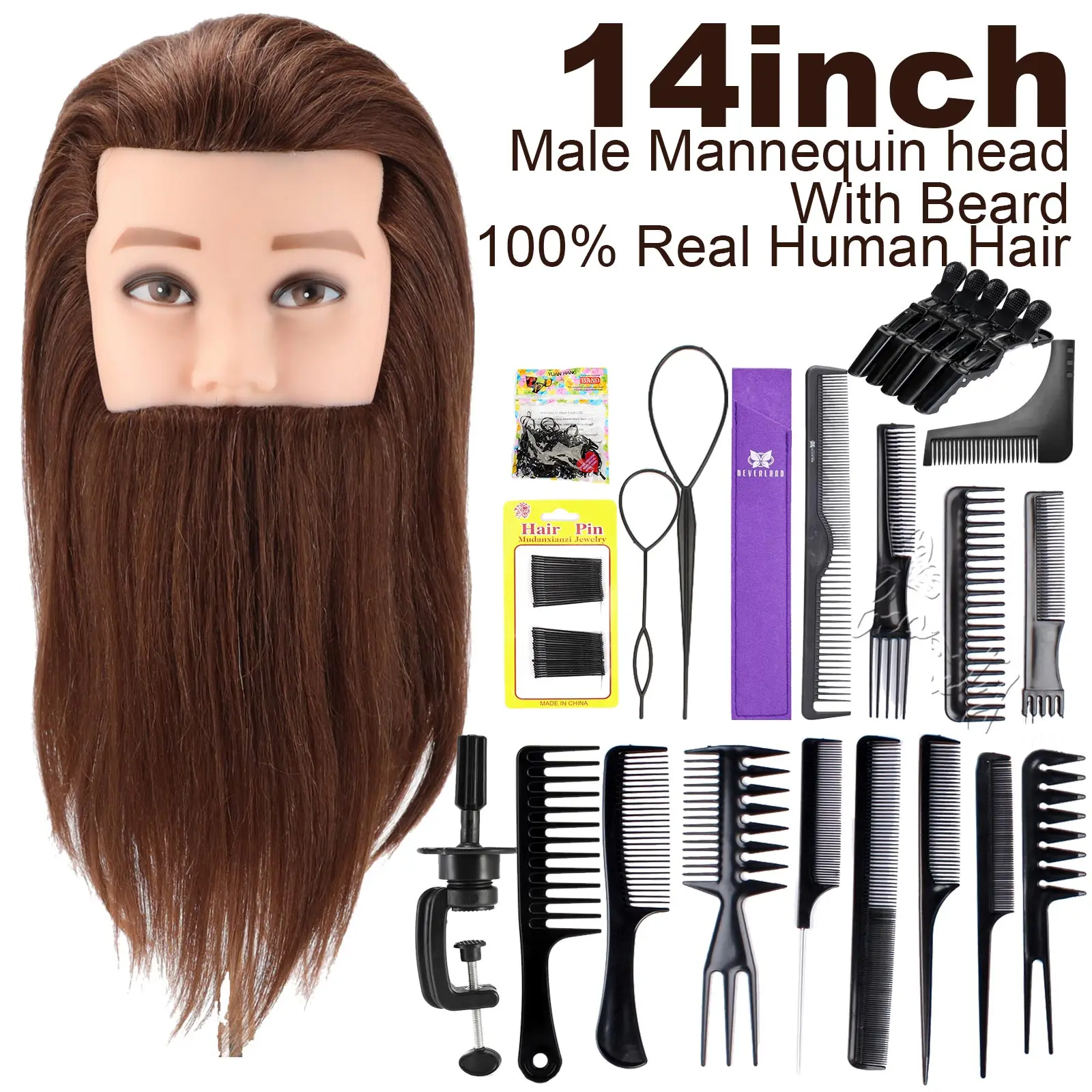 

14inch Male Mannequin Head With Beard For Salon Cosmetology Hairdressing Practice Training Head Styling 100% Real Human Hair