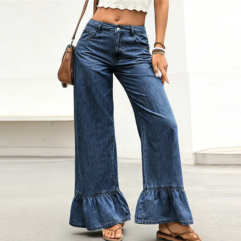 

Women's High Street Spring Fashion Trend Solid Color Loose Flared Jeans Casual Versatile Loose Trousers