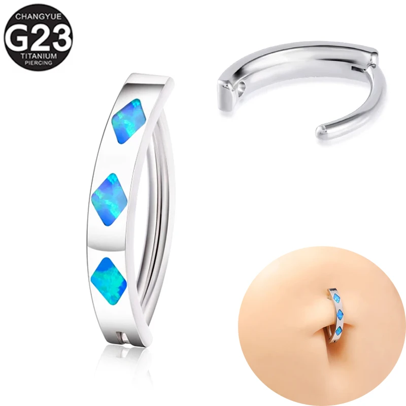 

G23 Titanium Piercing 10/12mm Opal Belly Button Rings Bar Length Barbell Piercing Reverse Curved Navel Body Jewelry Earrings 14G