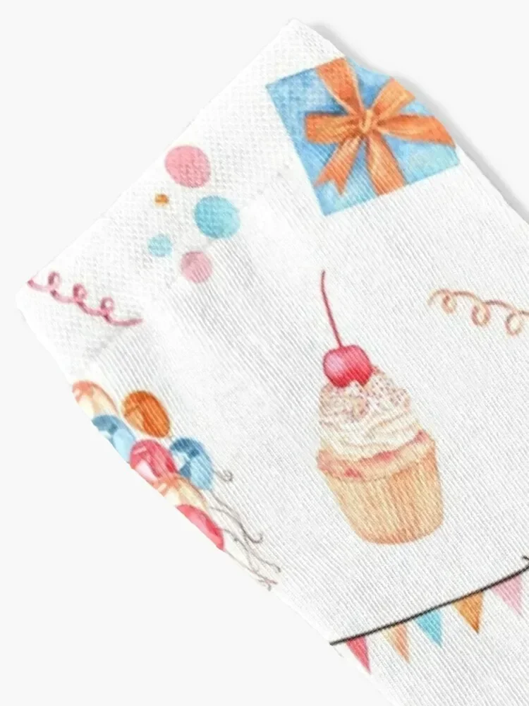 Happy Birthday. Cake with candles, cupcake, balloons, gifts and confetti. Watercolor drawing. Socks crazy Women's Socks Men's