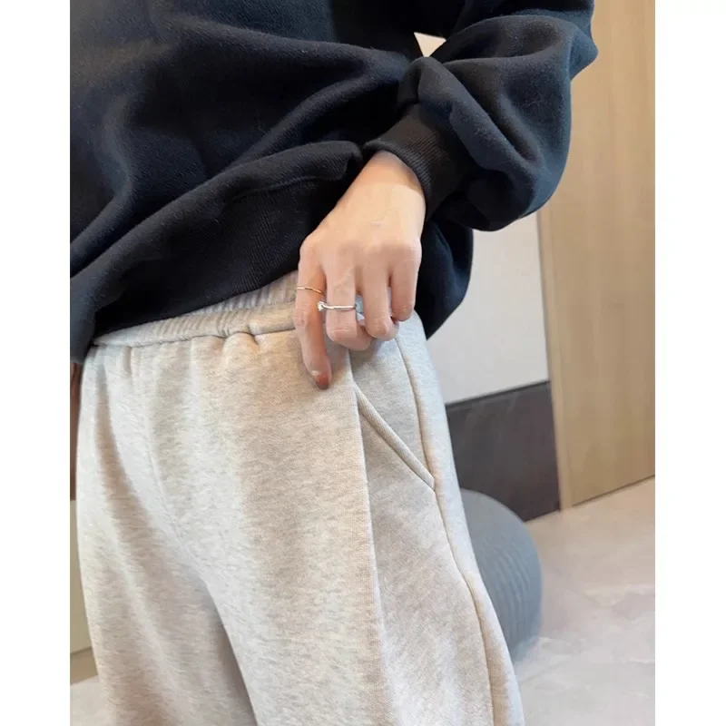 Moletom de lã monocromático feminino, calça casual larga para senhoras, calça Y2K, cintura alta, elegante e chique, nova, outono e inverno, 2023