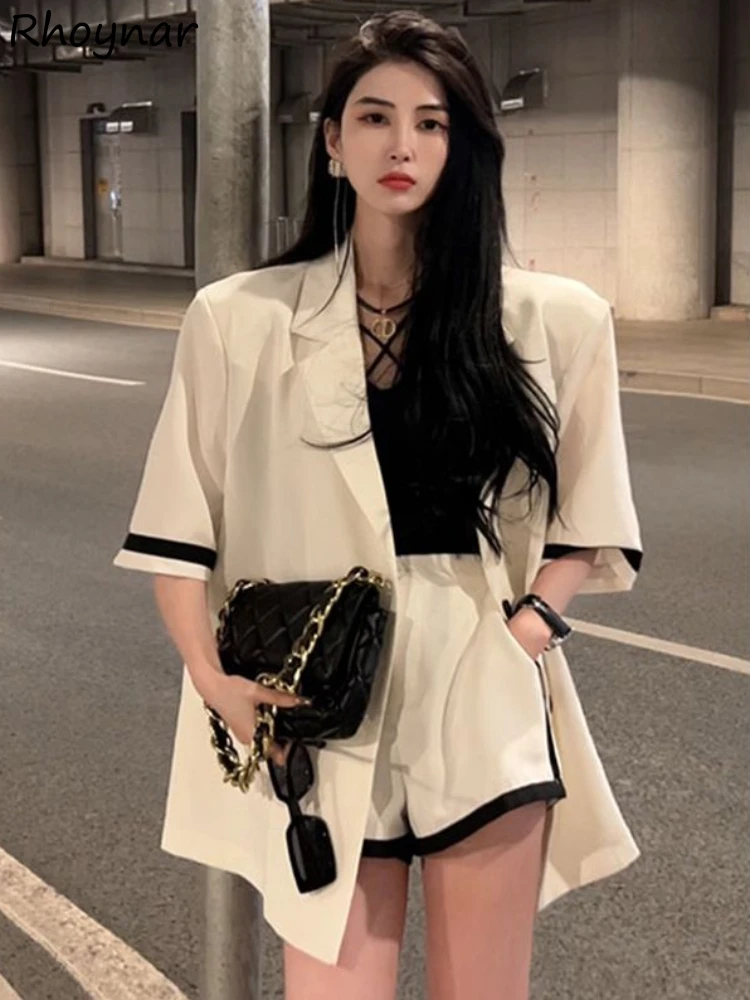 

2 Pcs Sets Women Bright Line Decoration Baggy Boyfriend Chic Blazers Summer Loose Short-sleeve Casual Ulzzang Shorts Personality