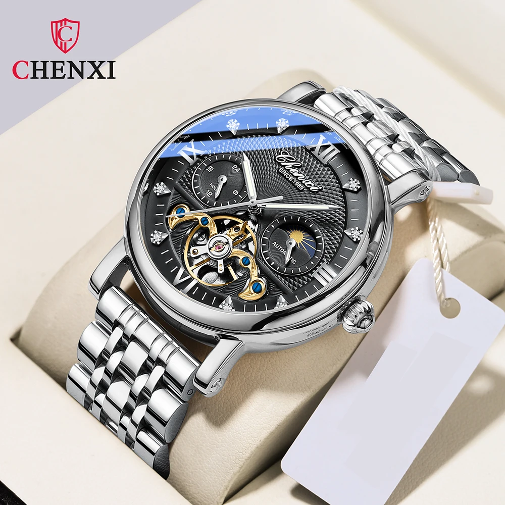 CHENXI Automatic Watch Men Mechanical Watches Leather Strap Tourbillon Moon Phase Waterproof Watches for Men Luxury Fashion