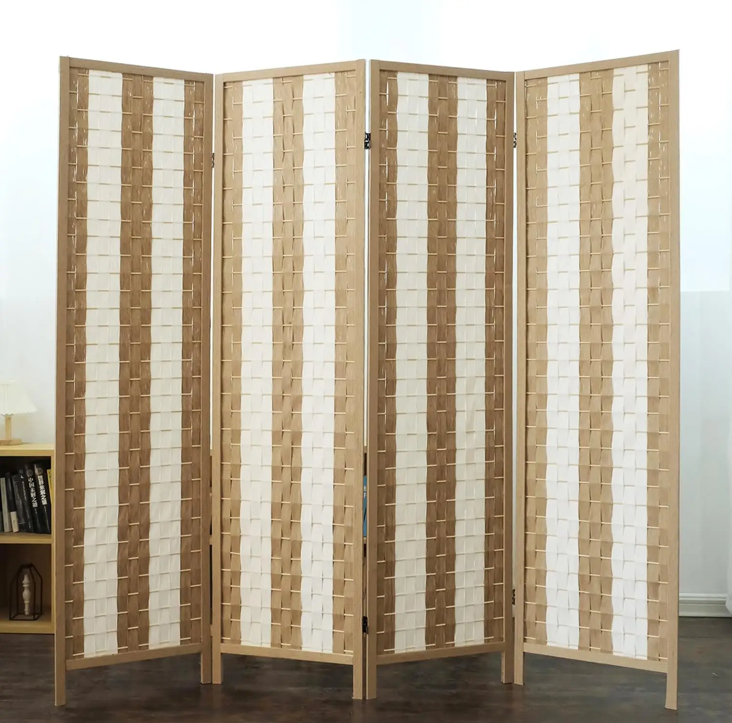 4 Panel Room Divider Screen in White and Beige,Blackout Room Divider Folding Panel Screen for Room Separation