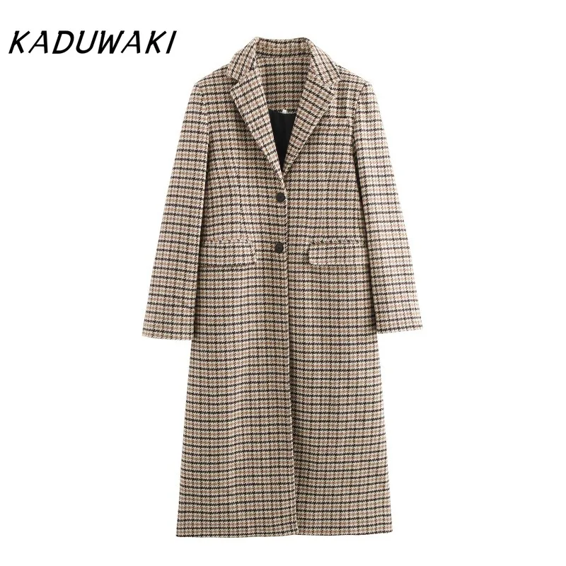 KADUWAK Fall and Winter Classic Lapel Long-sleeved Buttons Tweed Jacket Fashion Thousand Birds Check Loose Versatile Long Trench