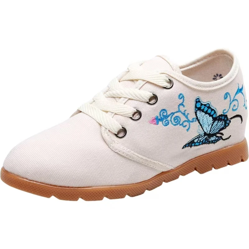 

Женские парусиновые туфли с увеличенной внутренней вышивкой, весенне-осенняя новая легкая повседневная обувь на резиновой подошве с нескользящим круглым носком на шнуровке