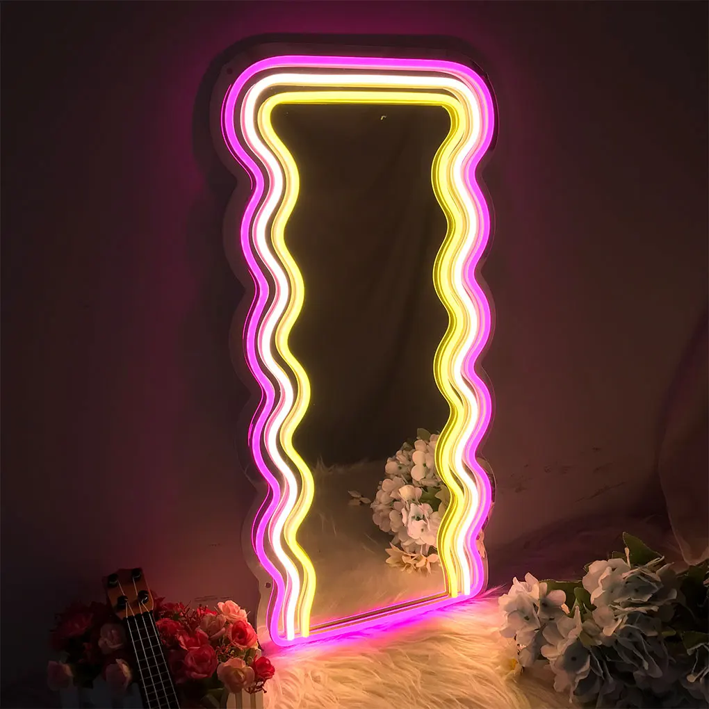 Wavy Mirror with LED Neon Lights LED Cosmetic Make Up Wave Mirror Night Lamp Girls Home Room Decoration Makeup Mirror Lights