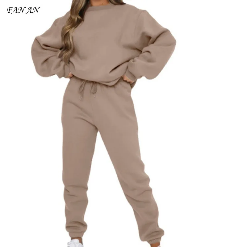 Women's New Autumn Winter Solid Color Round Neck Pullover Trousers Women's Fashion Casual Long-sleeved Hoodie Suit Sports Style