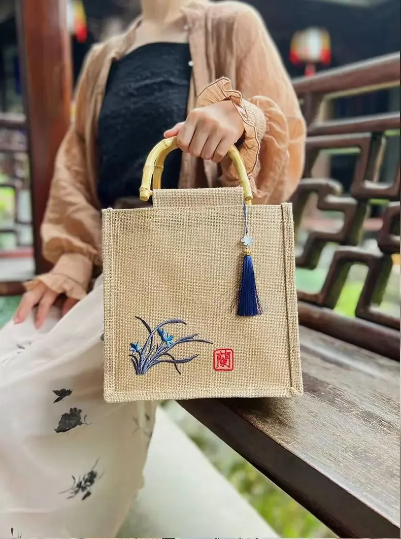 Hemp Bag Handbag Embroidery Handcrafted Large Capacity Canvas High-end Shopping Trendy Simple Fashionable Cute Traditional