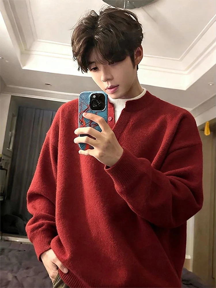 

Red V-Ne Knitted Sweater Men's Winter Faion Cisas Henry Collar Base irt Luy Year Casual Sle Loose Fit Long Sve