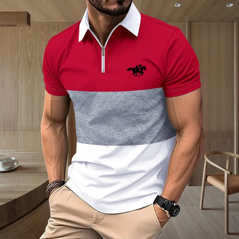 

Summer men's short sleeved polo shirt, men's daily casual sports T-shirt, 3D striped printed men's half zipper top