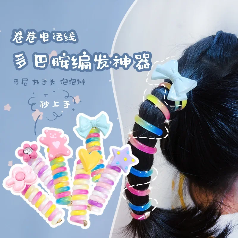 Girls Telephone Wire Line Ponytail Holder Rubber Band Elastic Hair Band DIY Bowknot Braided Phone Cord Straight Hair Tie