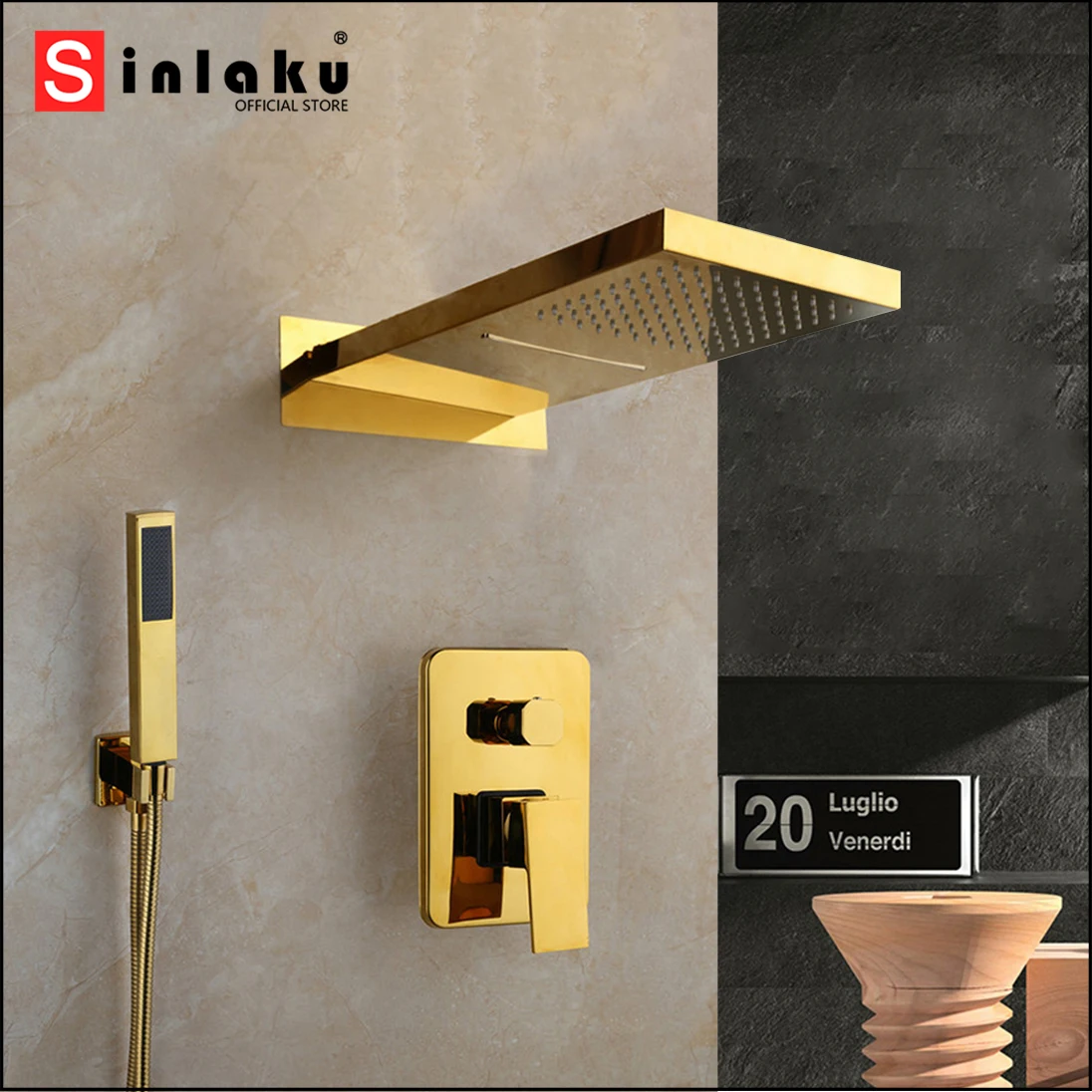 

SINLAKU Golden Plated Bath Shower Faucet Set Rainfall Waterfall Brass Bathroom Bathtub Shower Set Rain Hand Shower Mixer Control